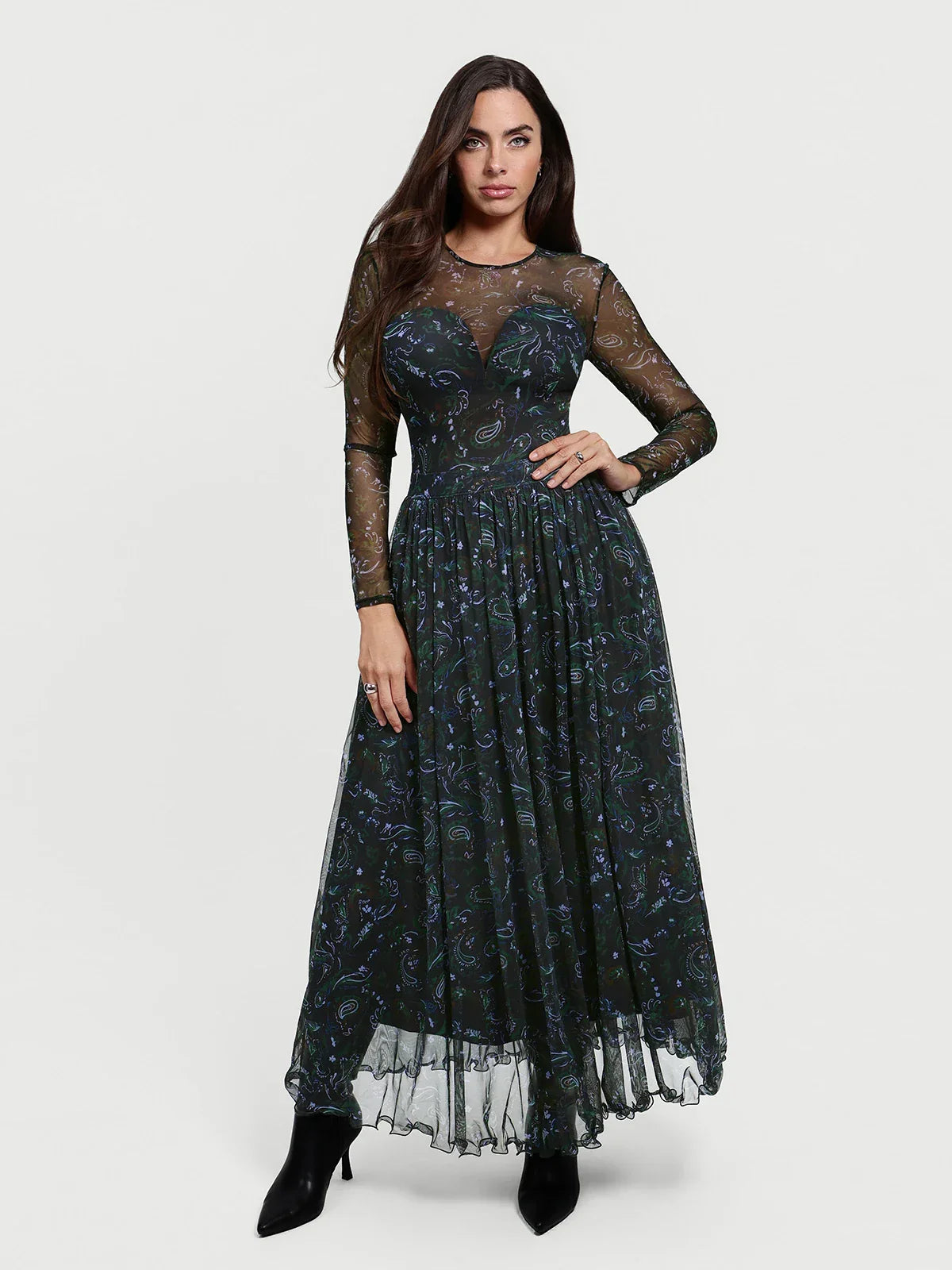 Shapewear Paisley Mesh Long Sleeve Sweetheart Bodysuit