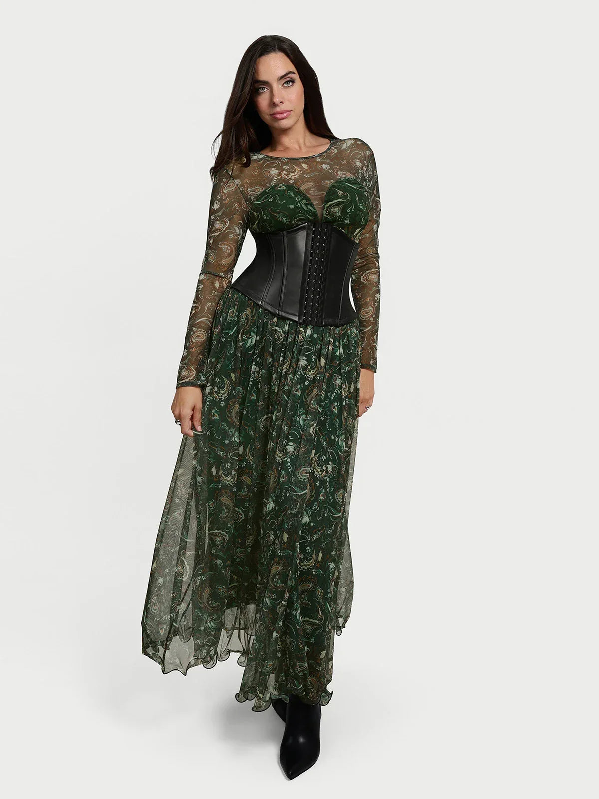 Shapewear Paisley Mesh Long Sleeve Sweetheart Bodysuit