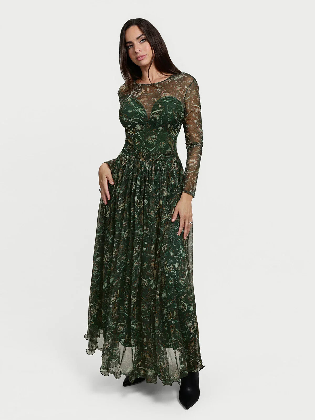 Shapewear Paisley Mesh Long Sleeve Sweetheart Bodysuit