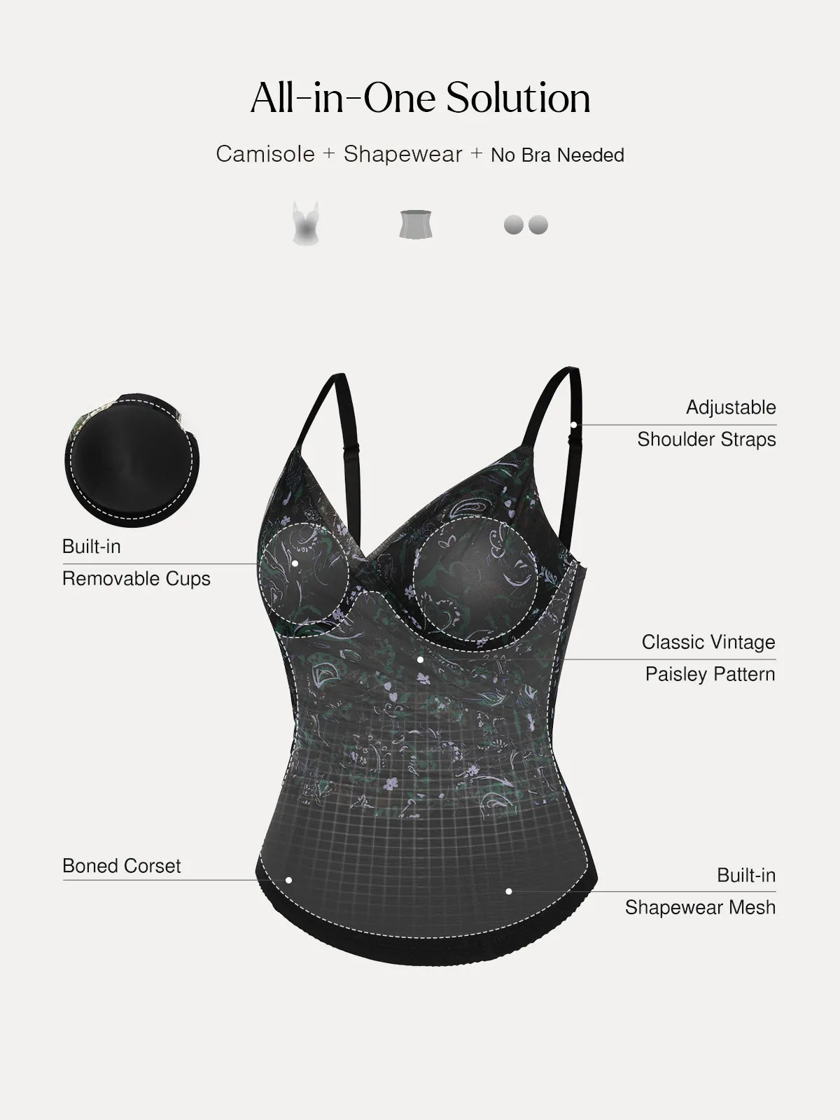 Shapewear Paisley V Neck Mesh Cami Corset Top