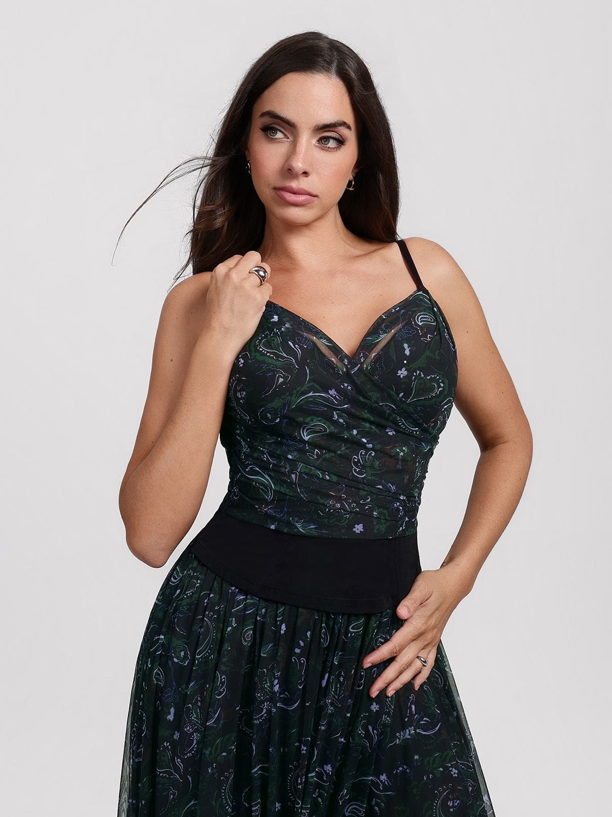 Shapewear Paisley V Neck Mesh Cami Corset Top
