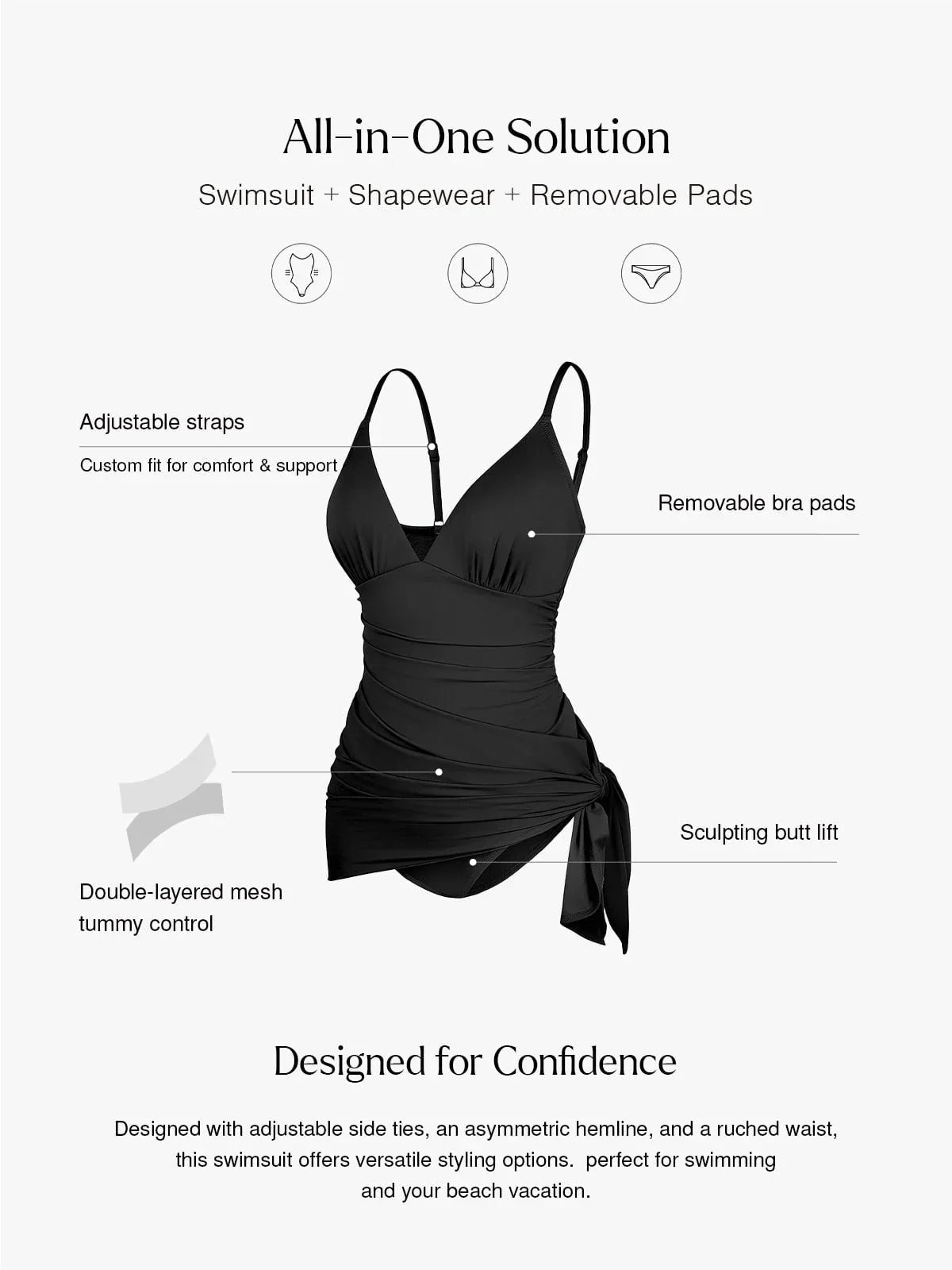 Shapewear Convertible Ruched Tummy Control One-Piece Swimsuit