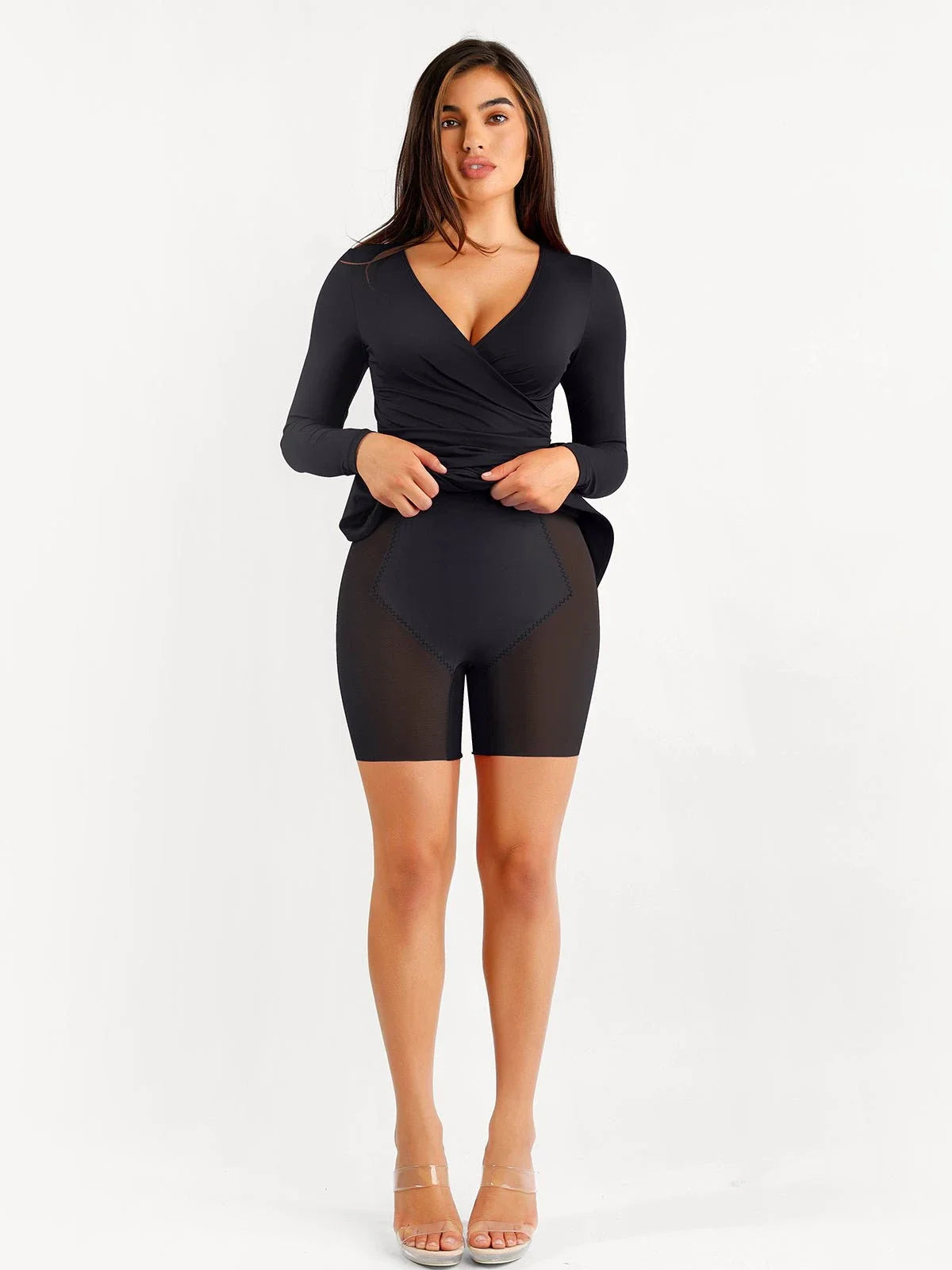 Shapewear Ruched Long Sleeve Faux Wrap Slimming Midi Dress