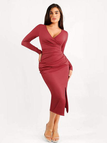 Shapewear Ruched Long Sleeve Faux Wrap Slimming Midi Dress