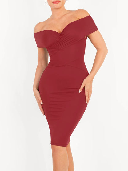 Shapewear Off-Shoulder Ruched Sculpting Midi Dress