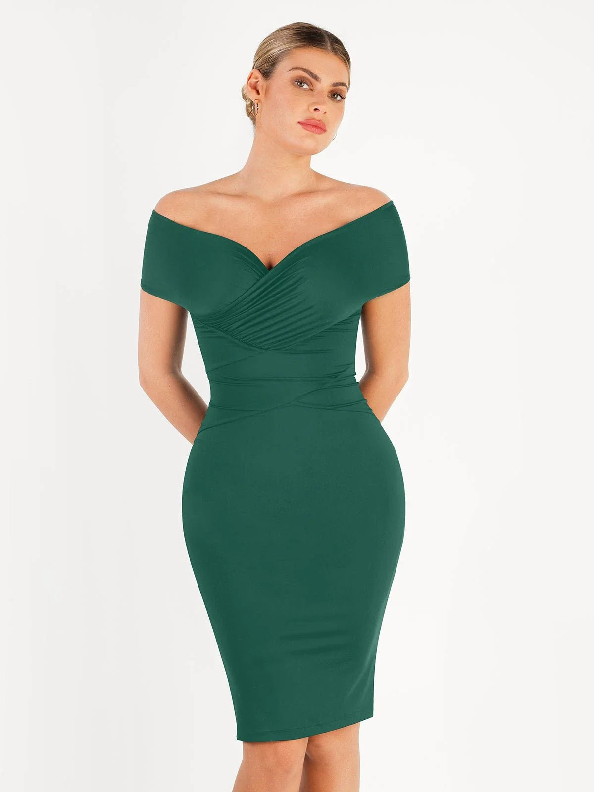 Shapewear Off-Shoulder Ruched Sculpting Midi Dress