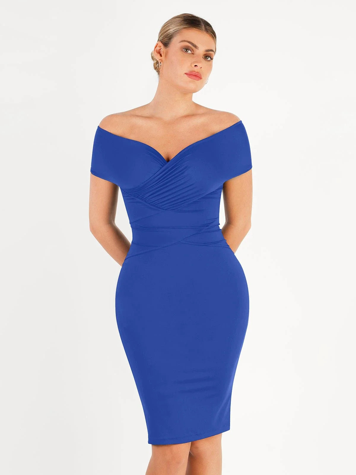Shapewear Off-Shoulder Ruched Sculpting Midi Dress