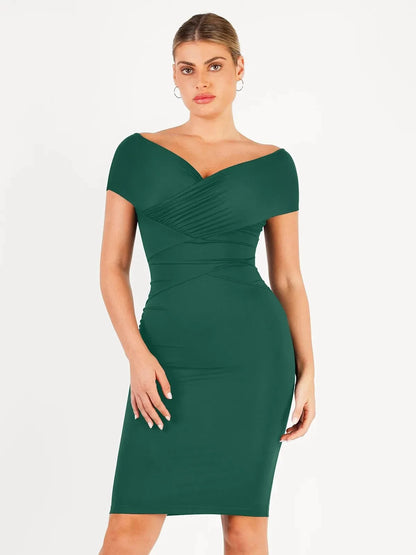 Shapewear Off-Shoulder Ruched Sculpting Midi Dress