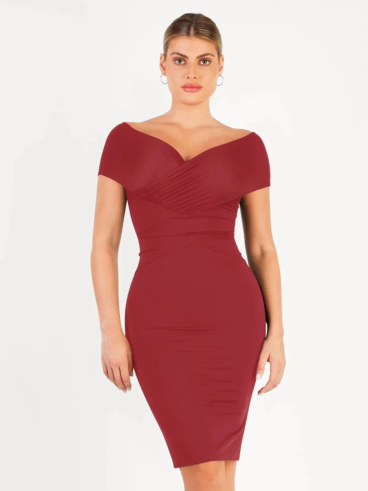 Shapewear Off-Shoulder Ruched Sculpting Midi Dress