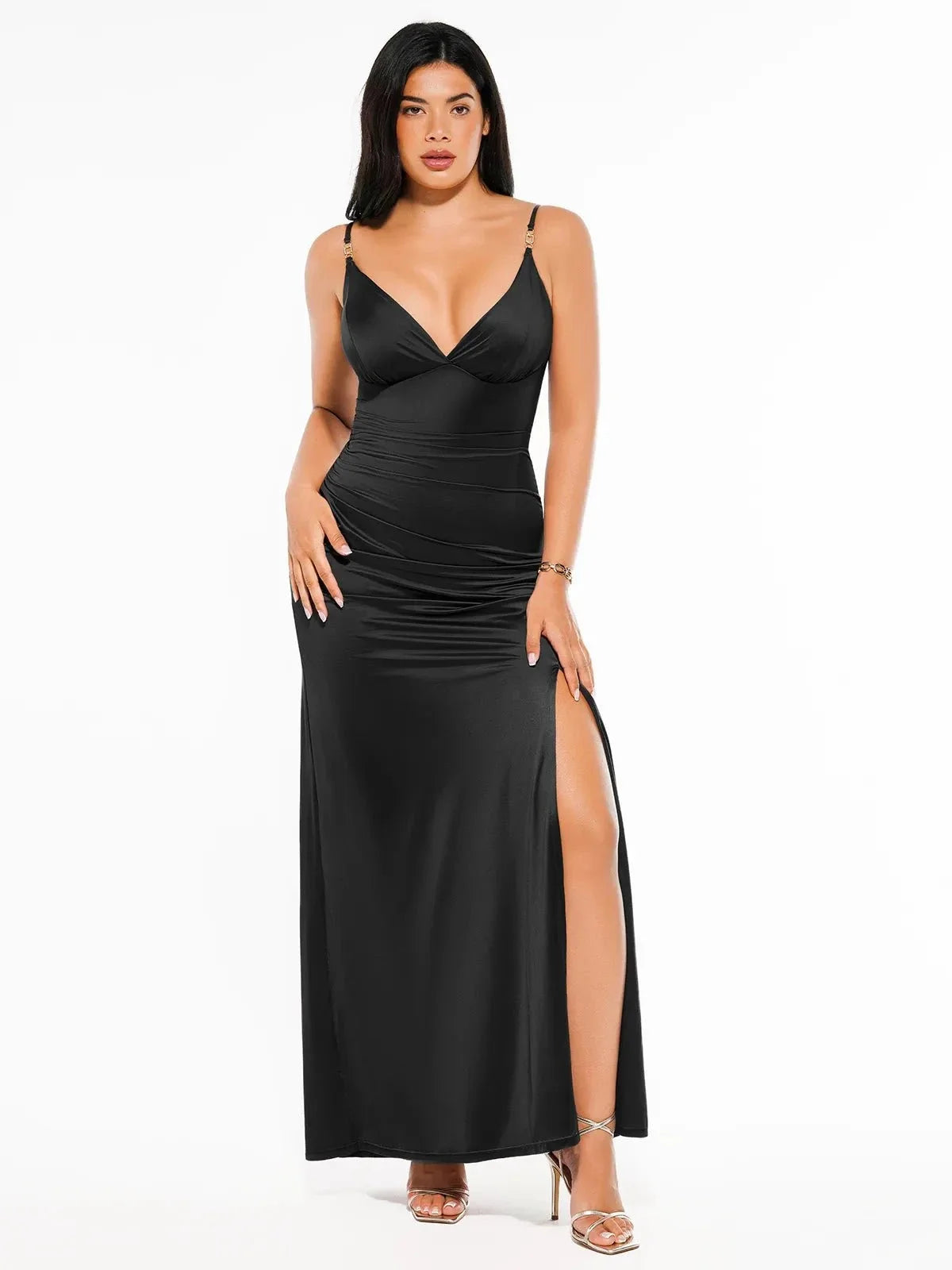 Shapewear Satin Deep-V Front Slit Maxi Dress