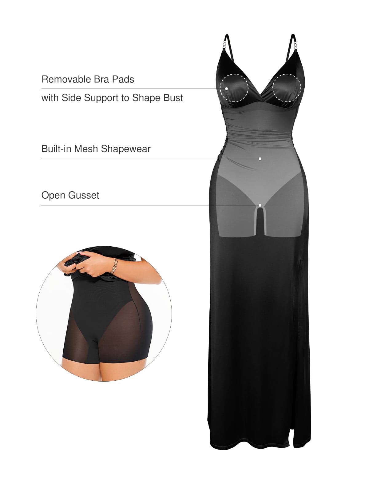 Shapewear Satin Deep-V Front Slit Maxi Dress