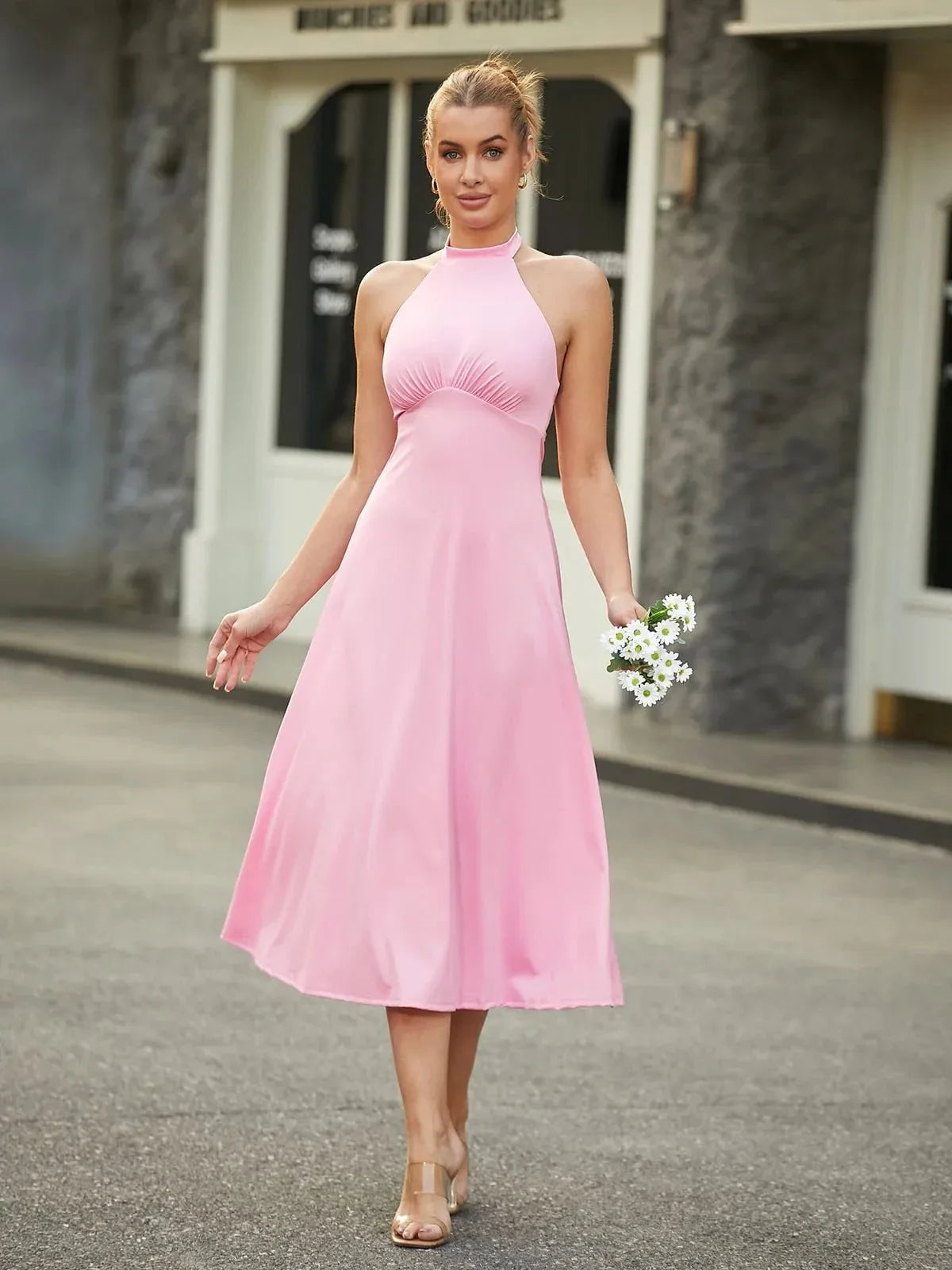 Shapewear Sculpting Backless Halter A-Line Midi Dress