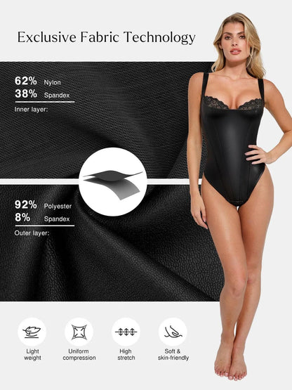 Shapewear Sculpting Faux Leather Lace Bodysuit Skirt Set