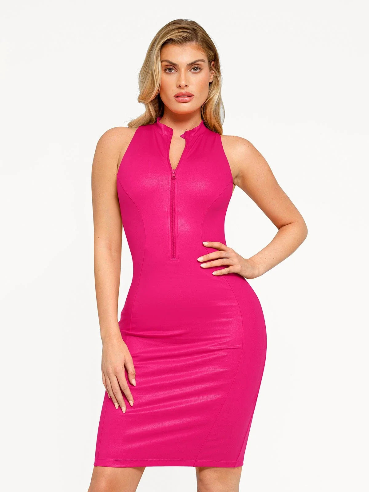 Shapewear Sculpting Faux Leather Zip Front Midi Dress