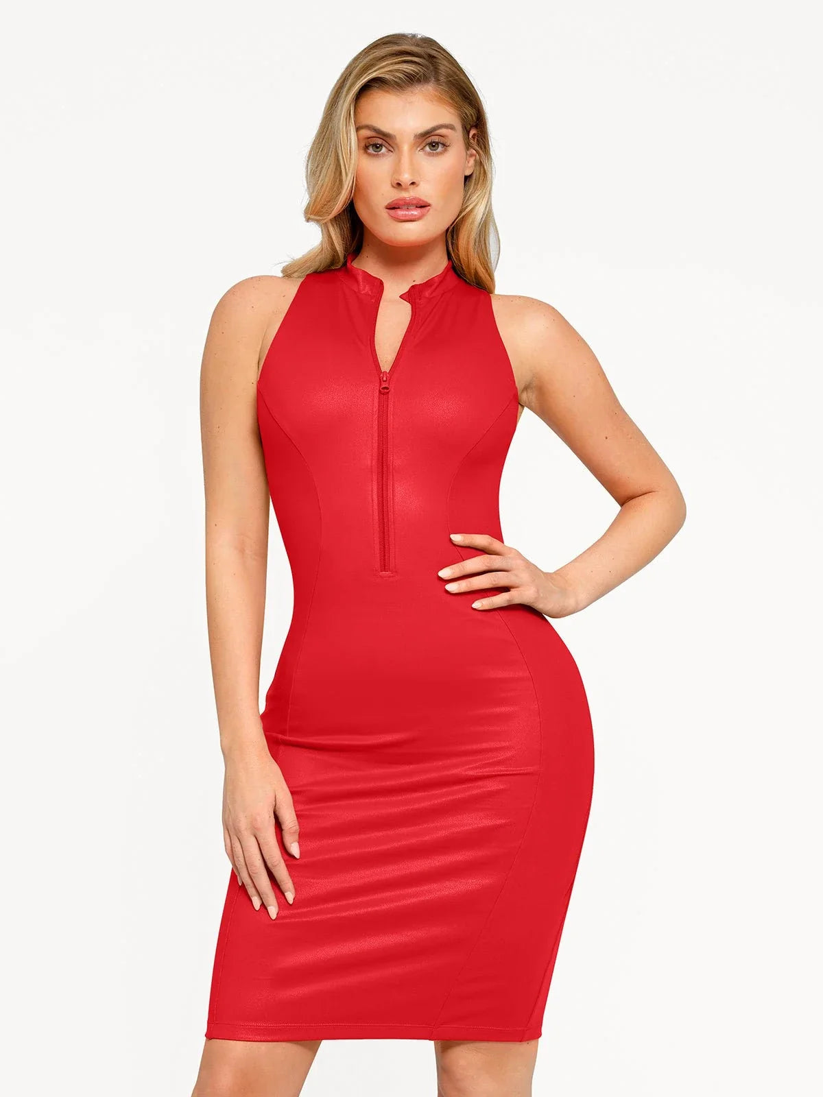 Shapewear Sculpting Faux Leather Zip Front Midi Dress
