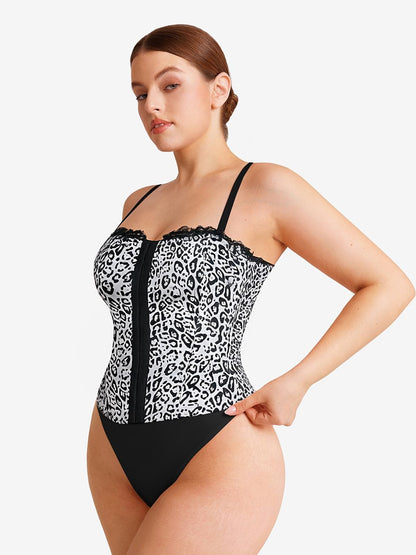 Shapewear Sculpting Leopard Mesh Detachable Strap Corset Top