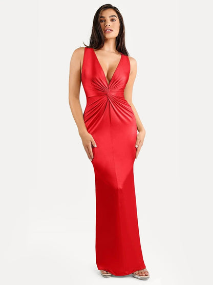Shapewear Shine Deep V-Neck Bias Twist Hourglass Maxi Dress