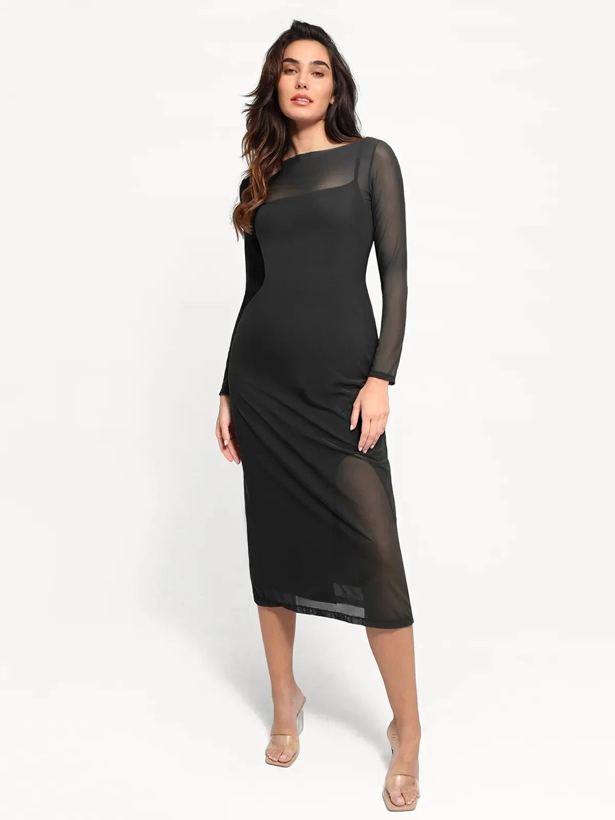 Shapewear Slimming Midi Dress and Sheer Mesh Overlay Set
