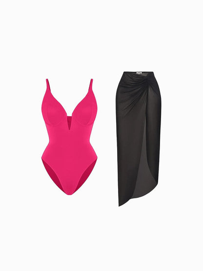Shapewear Slimming One-Piece Swimsuit Mesh Coverup Set
