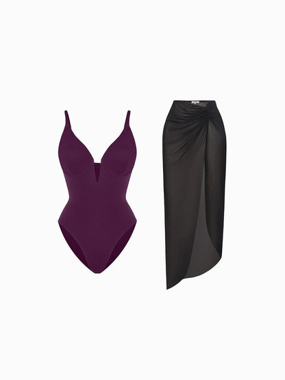 Shapewear Slimming One-Piece Swimsuit Mesh Coverup Set