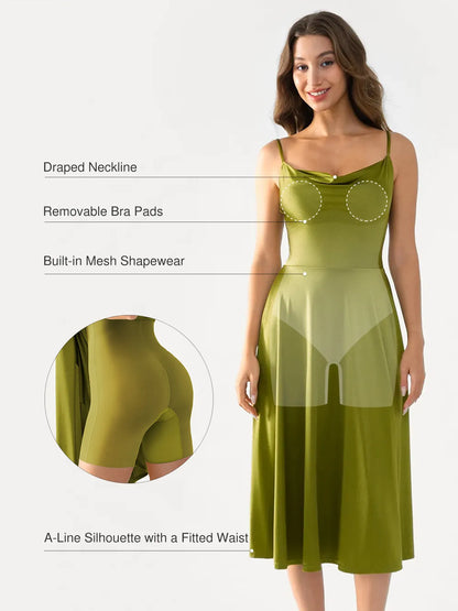 Shapewear Cowl Neck Strappy Fit & Flare Midi Dress