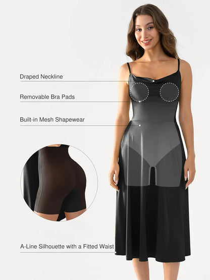 Shapewear Cowl Neck Strappy Fit & Flare Midi Dress