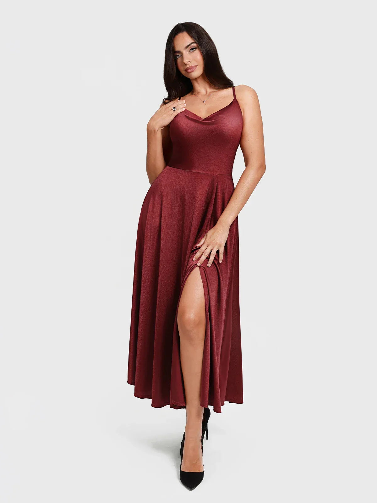 Shapewear Strappy Cowl Neck Fit & Flare Maxi Dress