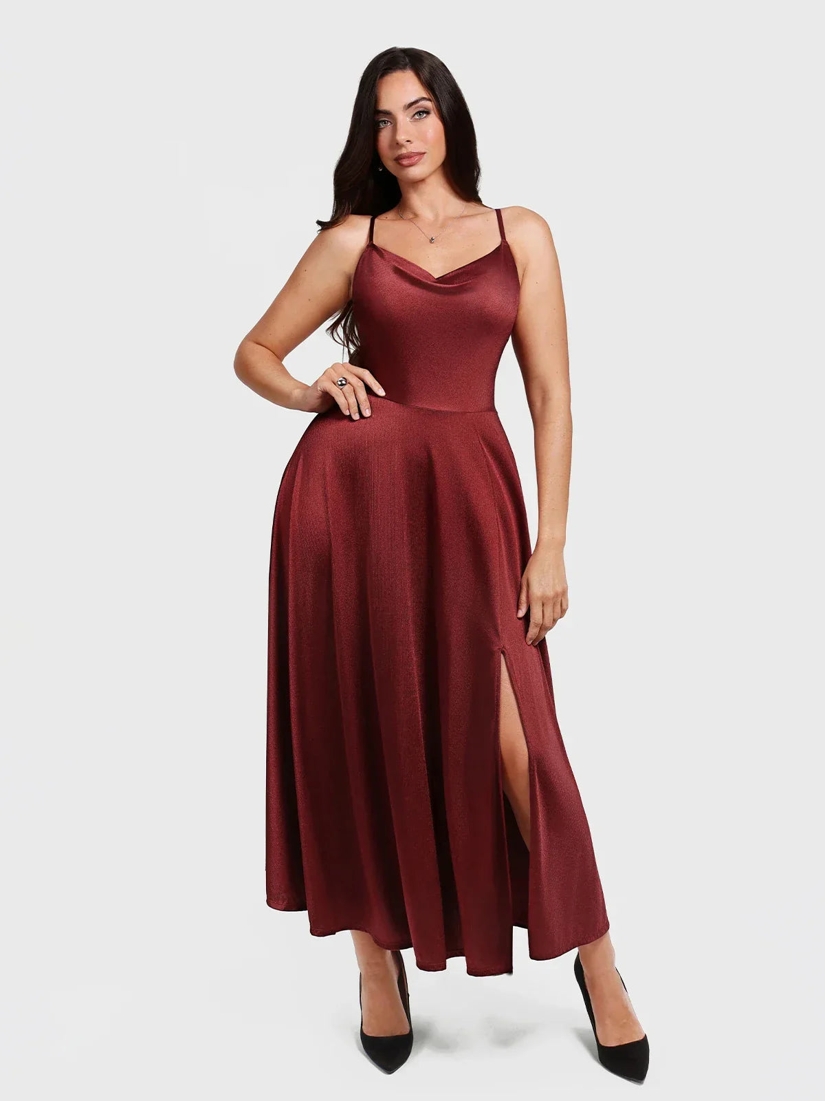 Shapewear Strappy Cowl Neck Fit & Flare Maxi Dress