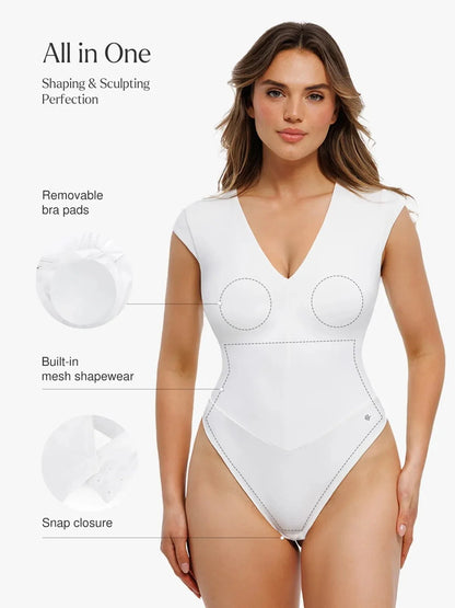 Shapewear Cap Sleeve V Neck Tummy Control  Bodysuit