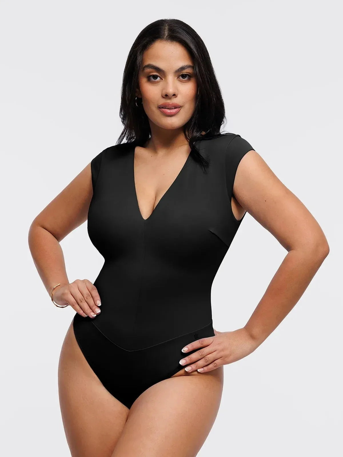 Shapewear Cap Sleeve V Neck Tummy Control  Bodysuit