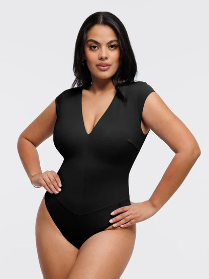 Shapewear Cap Sleeve V Neck Tummy Control  Bodysuit
