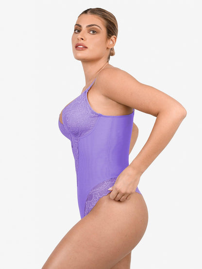 Shapewear Deep V-Neck Lace Sculpting Thong Bodysuit