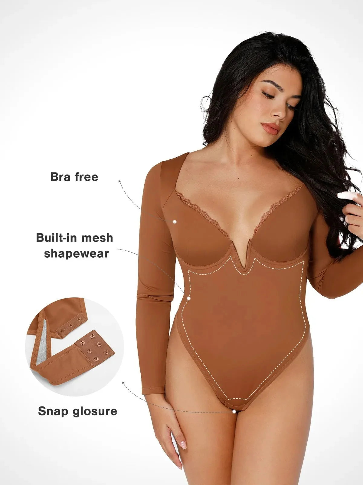 Shapewear Long Sleeve Lace Trim V-Neck Slimming Bodysuit