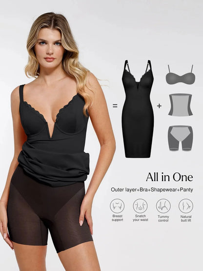 Shapewear Deep V-Neck Lace Trim Bodycon Mini Dress