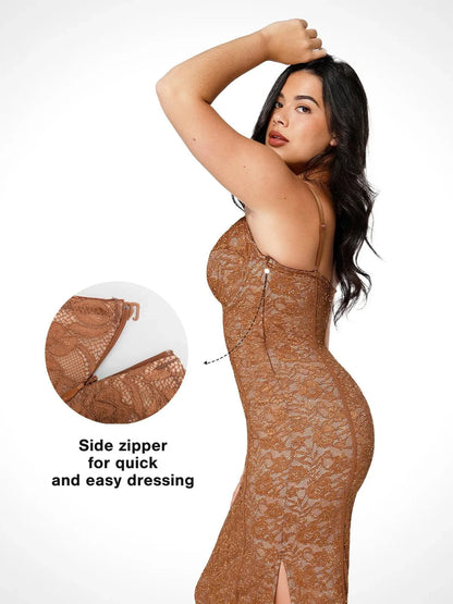 Shapewear All-Lace Hourglass Corset Side Slit Midi Dress