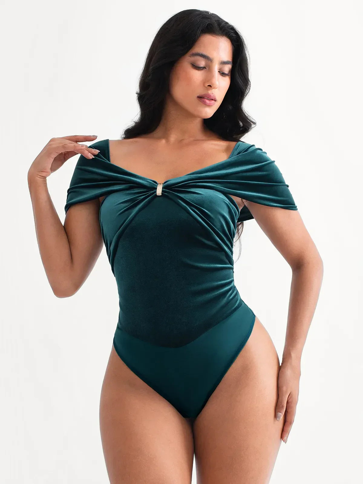 Velvet Twist Front Off-The Shoulder Sculpting Bodysuit