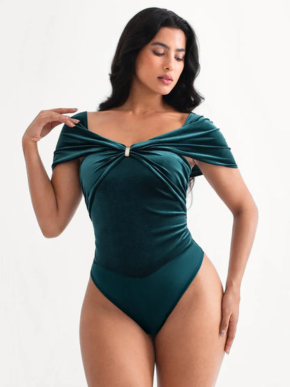 Velvet Twist Front Off-The Shoulder Sculpting Bodysuit