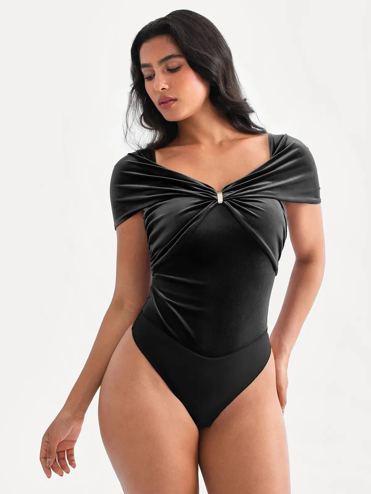 Velvet Twist Front Off-The Shoulder Sculpting Bodysuit