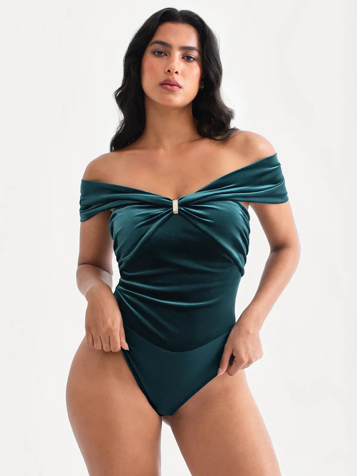 Velvet Twist Front Off-The Shoulder Sculpting Bodysuit